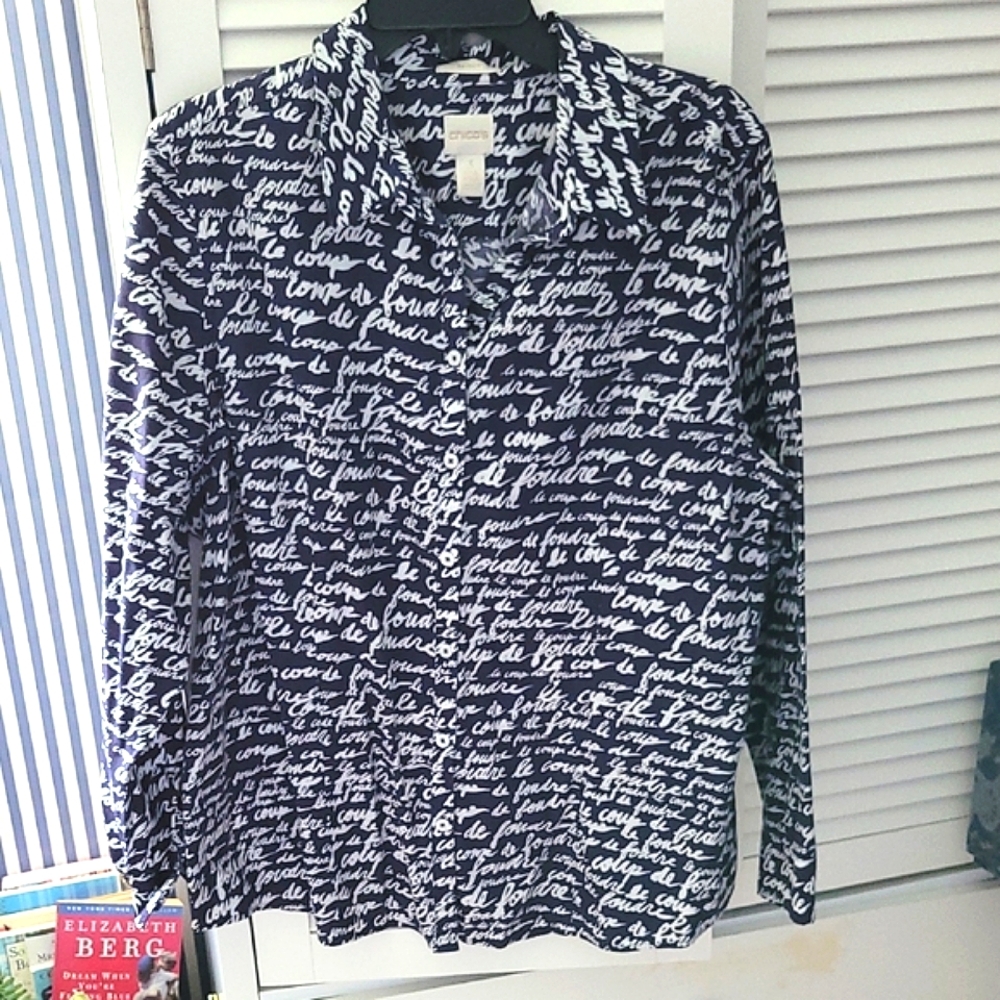 Chico's Navy & White No Iron Script Print Shirt 3=16/XL